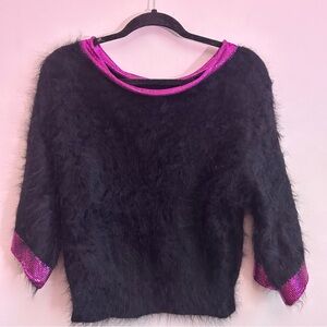 Black Fuzzy Sweater with Pink Sequin Accents